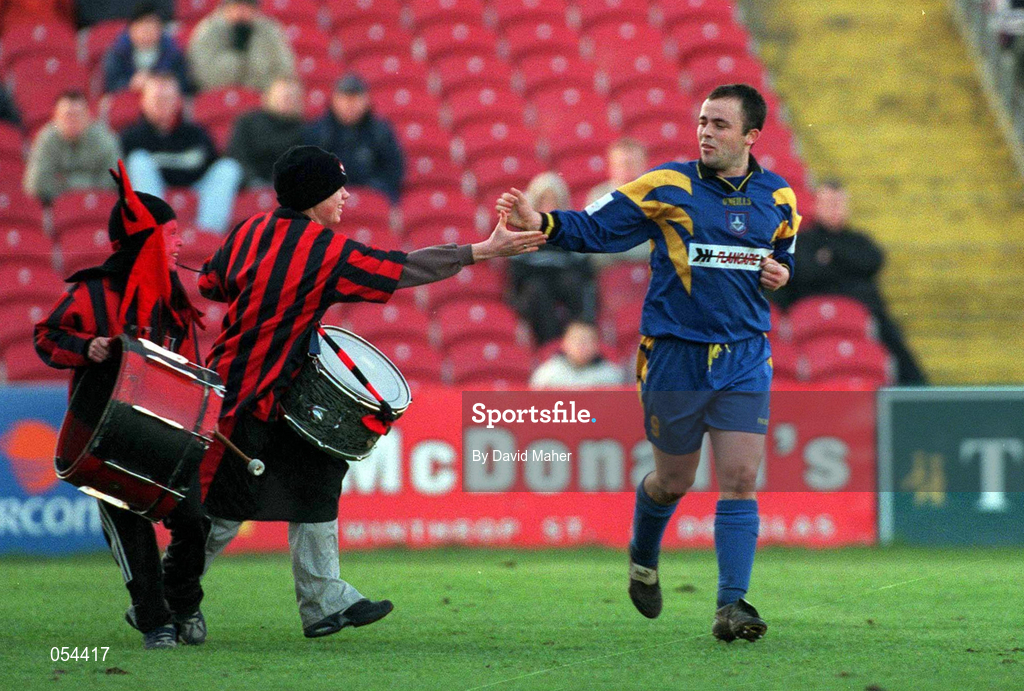 14 January 2001; Niall Byrne of Longford Town celebrates with fans after scoring his sides winning goal during the Eircom League Cup Second Round Replay match between Cork City and Longford Town at Turners Cross in Cork. Photo by David Maher/Sportsfile