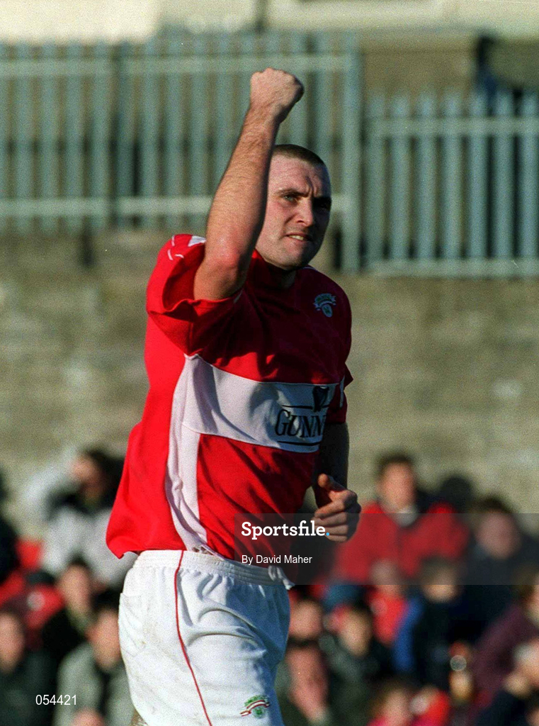 14 January 2001; Derek Coughlan of Cork City celebrates after scoring his side's first goal during the Eircom League Cup Second Round Replay match between Cork City and Longford Town at Turners Cross in Cork. Photo by David Maher/Sportsfile