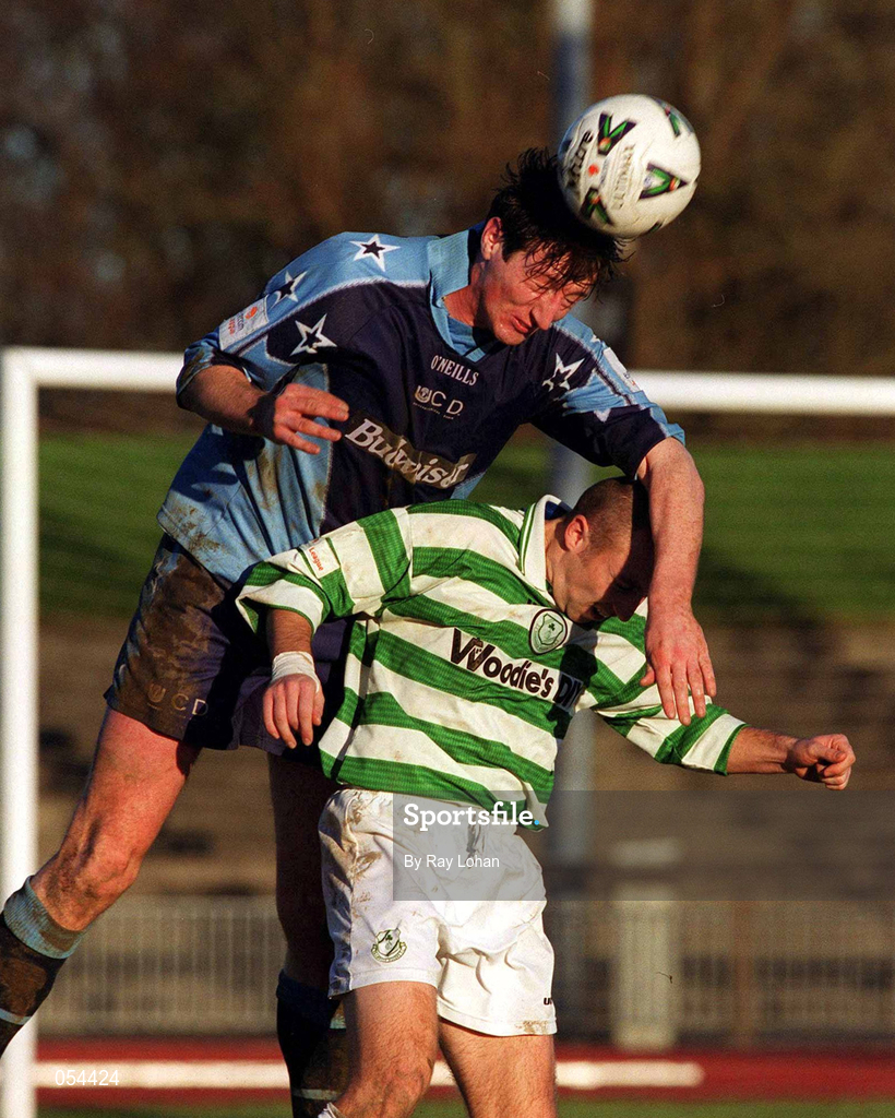 14 January 2001; Clive Delaney of UCD in action against Tony Grant of Shamrock Rovers during the Eircom League Premier Division match between Shamrock Rovers and UCD at Morton Stadium in Santry, Dublin. Photo by Ray Lohan/Sportsfile