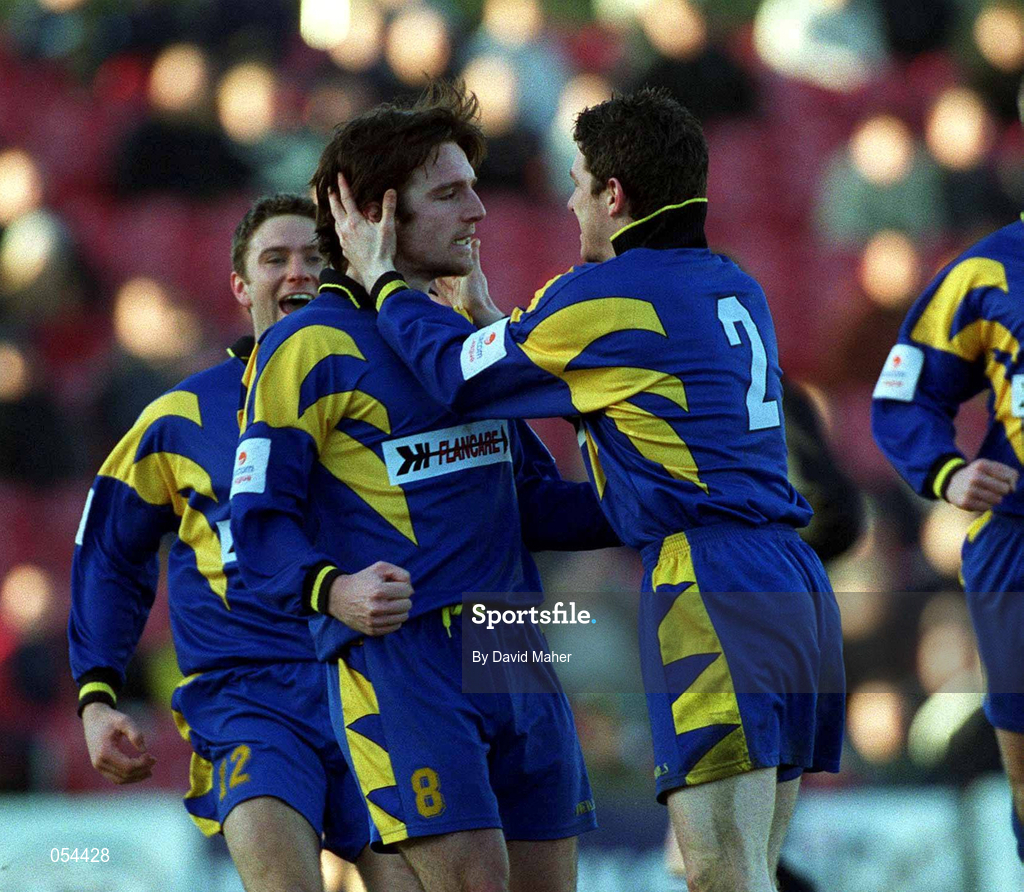 14 January 2001; Stuary Byrne of Longford Town,  second from left, celebrates with team-mate Alan Murphy, right,  after scoring his sides equalising goal during the Eircom League Cup Second Round Replay match between Cork City and Longford Town at Turners Cross in Cork. Photo by David Maher/Sportsfile