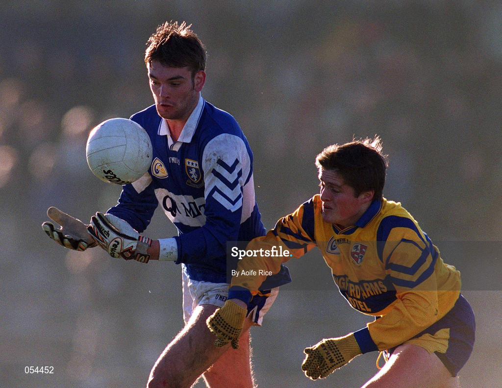 14 January 2001; Noel Garvan of Laois in action against Brendan Burke of Longford during the O'Byrne Cup First Round match between Longford and Laois at Pearse Park in Longford. Photo by Aoife Rice/Sportsfile