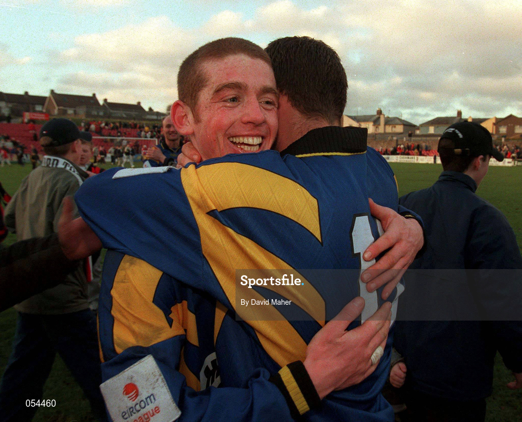 14 January 2001; Longford Town players Stephen Gavin, left, and Robbie Coyle, celebrate following the Eircom League Cup Second Round Replay match between Cork City and Longford Town at Turners Cross in Cork. Photo by David Maher/Sportsfile