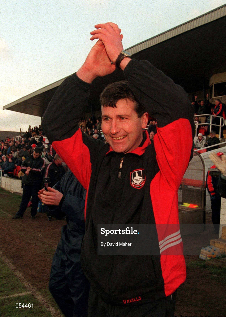 14 January 2001; Longford Town manager Stephen Kenny celebrates following the Eircom League Cup Second Round Replay match between Cork City and Longford Town at Turners Cross in Cork. Photo by David Maher/Sportsfile