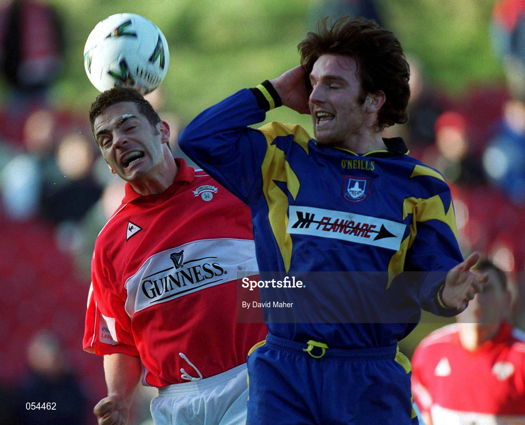 14 January 2001; Mark Herrick of Cork City in action against Stuart Byrne of Longford Town during the Eircom League Cup Second Round Replay match between Cork City and Longford Town at Turners Cross in Cork. Photo by David Maher/Sportsfile
