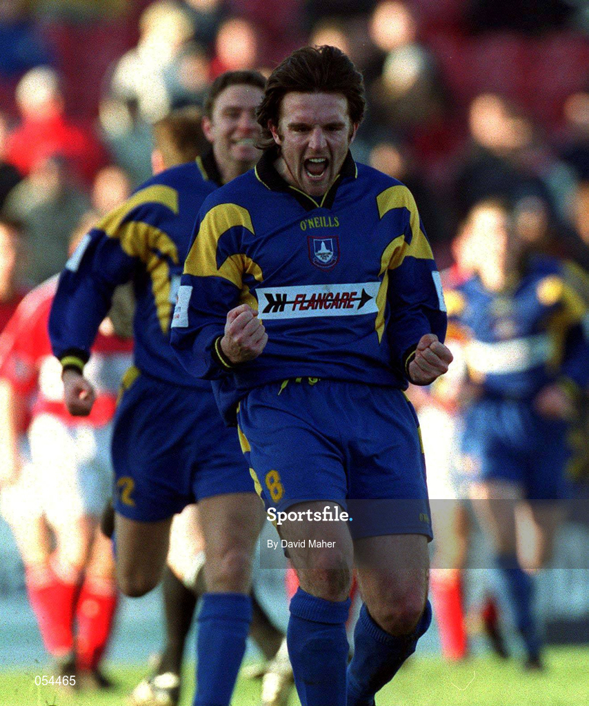 14 January 2001; Stuary Byrne of Longford Town celebrates after scoring his side's equalising goal during the Eircom League Cup Second Round Replay match between Cork City and Longford Town at Turners Cross in Cork. Photo by David Maher/Sportsfile