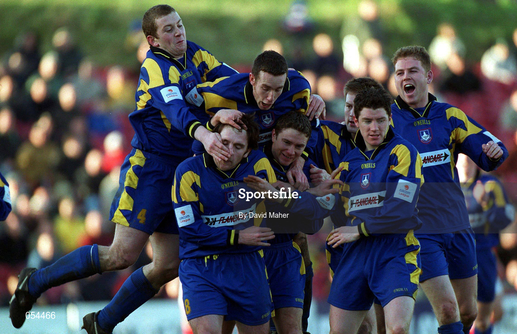 14 January 2001; Stuary Byrne of Longford Town, second from left, celebrates with team-mates after scoring his side's equalising goal during the Eircom League Cup Second Round Replay match between Cork City and Longford Town at Turners Cross in Cork. Photo by David Maher/Sportsfile