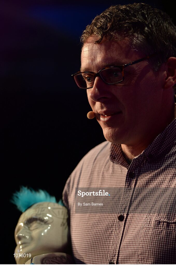 5 November 2015; Gerard Forde, Bizimply, with the Spark of Genius Award on the Marketing Stage during Day 3 of the 2015 Web Summit in the RDS, Dublin, Ireland. Picture credit: Sam Barnes / SPORTSFILE / Web Summit