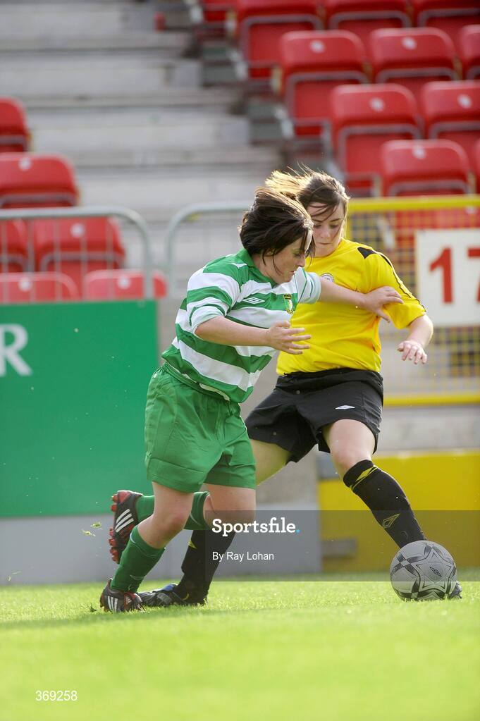 25 July 2009; Sandra Mulhall, St. Francis, in action against Kim Flood, St Catherine's LFC. FAI Umbro Women's Senior Cup Final, FAI Umbro Women's Senior Cup Final, St Catherine's LFC v St Francis, Richmond Park, Dublin. Picture credit: Ray Lohan / SPORTSFILE