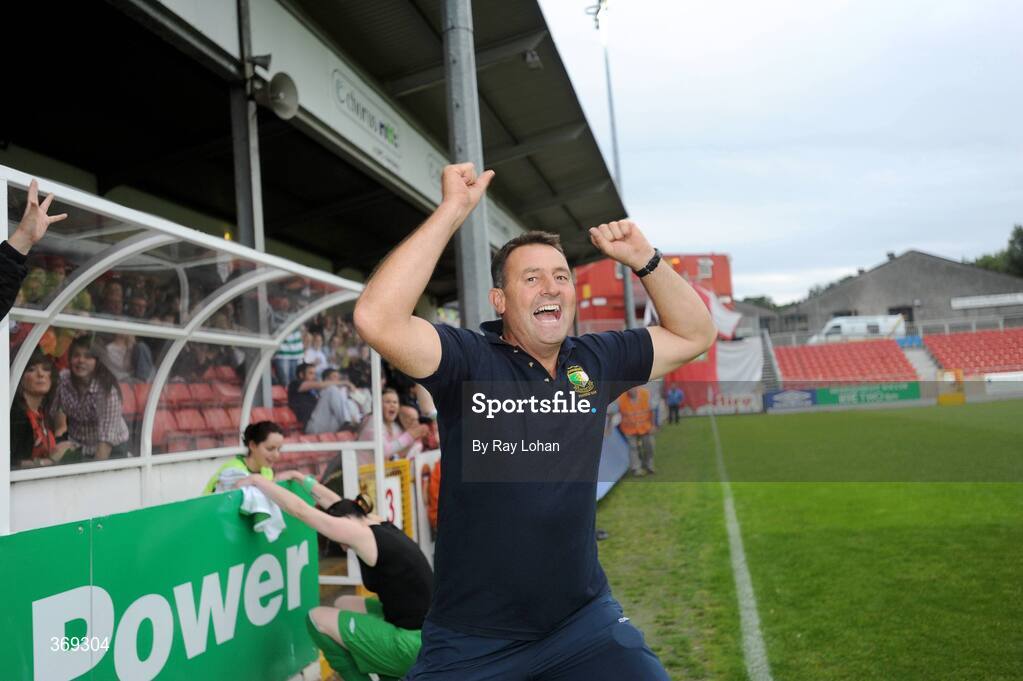 25 July 2009; St. Francis Manager Paddy Hefernan celebrates at the final whistle. FAI Umbro Women's Senior Cup Final, FAI Umbro Women's Senior Cup Final, St Catherine's LFC v St Francis, Richmond Park, Dublin. Picture credit: Ray Lohan / SPORTSFILE