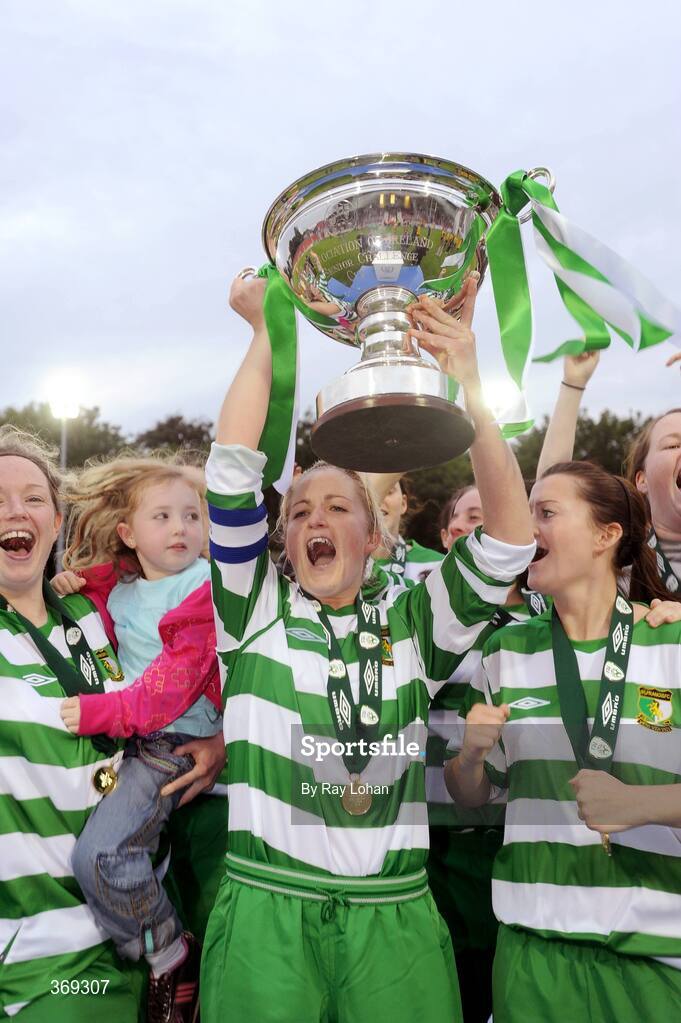 25 July 2009; Karina Kelly, captain, St Francis, lifts the cup after the game. FAI Umbro Women's Senior Cup Final, FAI Umbro Women's Senior Cup Final, St Catherine's LFC v St Francis, Richmond Park, Dublin. Picture credit: Ray Lohan / SPORTSFILE