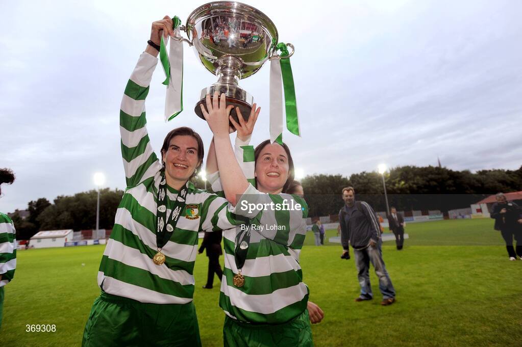 25 July 2009; Sandra Mulhall and Caroline McEvoy, St Francis, lift the cup after the game. FAI Umbro Women's Senior Cup Final, FAI Umbro Women's Senior Cup Final, St Catherine's LFC v St Francis, Richmond Park, Dublin. Picture credit: Ray Lohan / SPORTSFILE