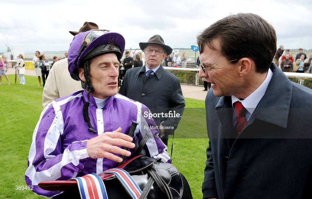 26 July 2009; Jockey Johnny Murtagh with trainer Aiden O'Brien after winning the Camas Park And Ashtown House Stud Phoenix Stakes with Alfred Nobel. Curragh Racecourse, Co. Kildare. Picture credit: Matt Browne / SPORTSFILE