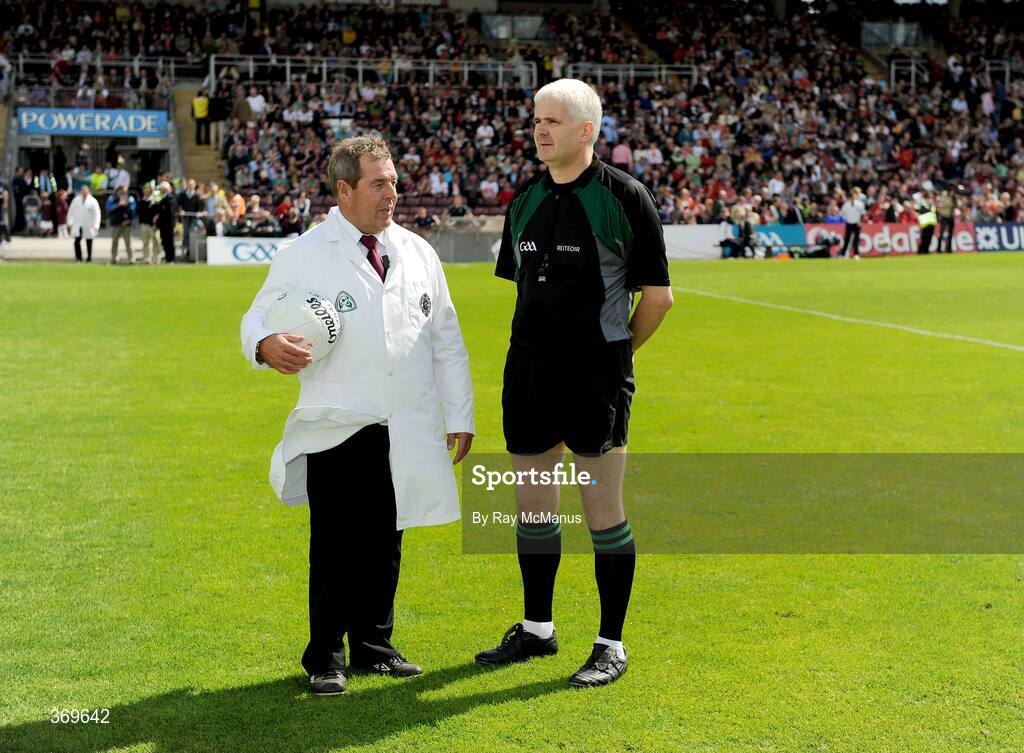 19 July 2009; Referee John Bannon in conversation with umpire Mick Doherty before the game. GAA Football Connacht Senior Championship Final, Galway v Mayo, Pearse Stadium, Salthill, Galway. Picture credit: Ray McManus / SPORTSFILE