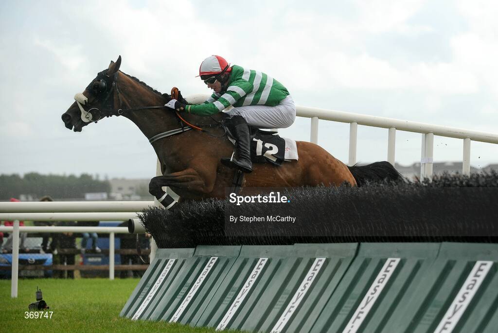27 July 2009; Moonlight Sapphire, with Seanie McDermott up, jump the last on their way to winning the Ghotel.ie & Hotelmeyrick.ie Novice Hurdle. Galway Racing Festival, Ballybrit, Galway. Picture credit: Stephen McCarthy / SPORTSFILE