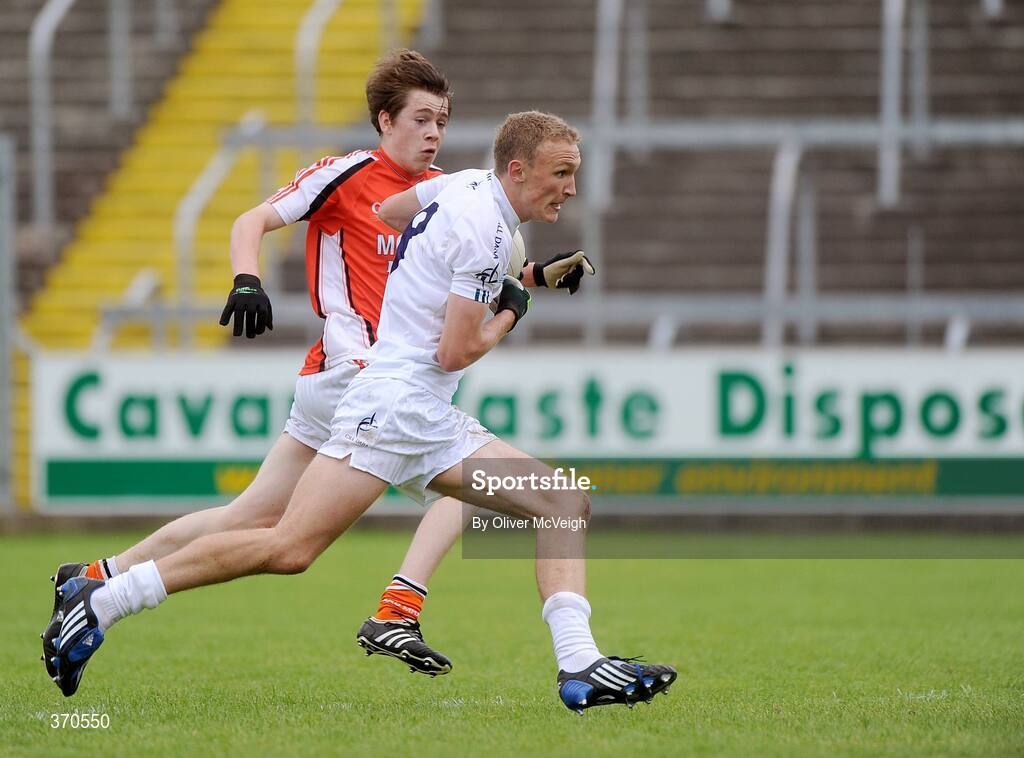 1 August 2009; Tomas Moolick, Kildare, in action against Andrew Murnin, Armagh. ESB GAA Football All-Ireland Minor Championship Quarter-Final, Armagh v Kildare, Kingspan Breffni Park, Cavan. Picture credit: Oliver McVeigh / SPORTSFILE