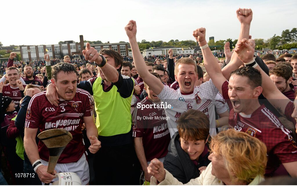 27 September 2015;  Ruairi Og Cushendall players celebrating with fans after the game. Antrim Senior Championship Hurling Final, Ruairi Og Cushendall v Ballycastle McQuillan, Dunloy GAA Club, Dunloy, Co. Antrim. Picture credit: Oliver McVeigh / SPORTSFILE