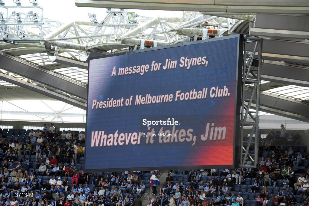 12 July 2009; A message for Jim Stynes appears on the scoreboard at half-time. GAA Football Leinster Senior Championship Final, Dublin v Kildare, Croke Park, Dublin. Picture credit: Ray McManus / SPORTSFILE