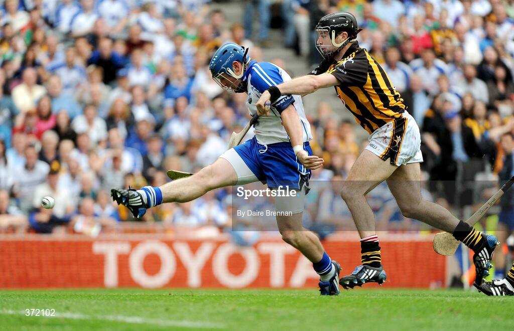 9 August 2009; Shane Walsh, Waterford, shoots to score his side's second goal despite the attention of Jackie Tyrrell, Kilkenny. GAA Hurling All-Ireland Senior Championship Semi-Final, Kilkenny v Waterford, Croke Park, Dublin. Picture credit: Daire Brennan / SPORTSFILE
