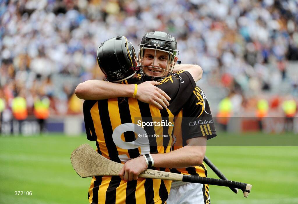 9 August 2009; Jackie Tyrrell and Michael Rice, 9, Kilkenny, celebrate after their victory. GAA Hurling All-Ireland Senior Championship Semi-Final, Kilkenny v Waterford, Croke Park, Dublin. Picture credit: Daire Brennan / SPORTSFILE