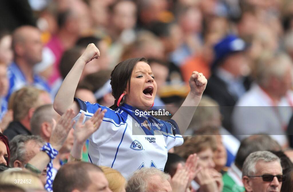 9 August 2009; A Waterford supporter cheers on her team during the game. GAA Hurling All-Ireland Senior Championship Semi-Final, Kilkenny v Waterford, Croke Park, Dublin. Picture credit: David Maher / SPORTSFILE