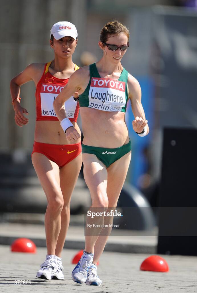16 August 2009; Ireland's Olive Loughnane leads eventual third placed Hong Liu, from China, on her way to finishing second in a season best time of 1:28.58 and winning a silver medal in the Women's 20K Walk Final.12th IAAF World Championships in Athletics, Berlin, Germany. Picture credit: Brendan Moran  / SPORTSFILE