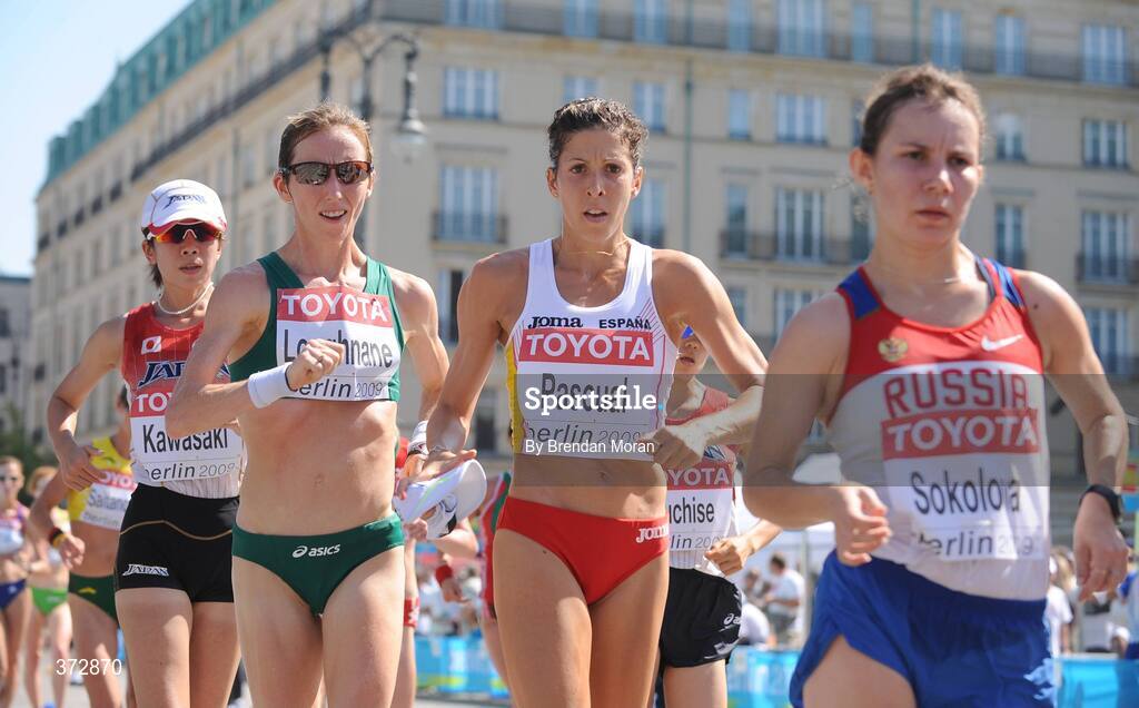 16 August 2009; Ireland's Olive Loughnane, 2nd from left,  on her way to finishing second in a season best time of 1:28.58 and winning a silver medal in the Women's 20K Walk Final.12th IAAF World Championships in Athletics, Berlin, Germany. Picture credit: Brendan Moran  / SPORTSFILE