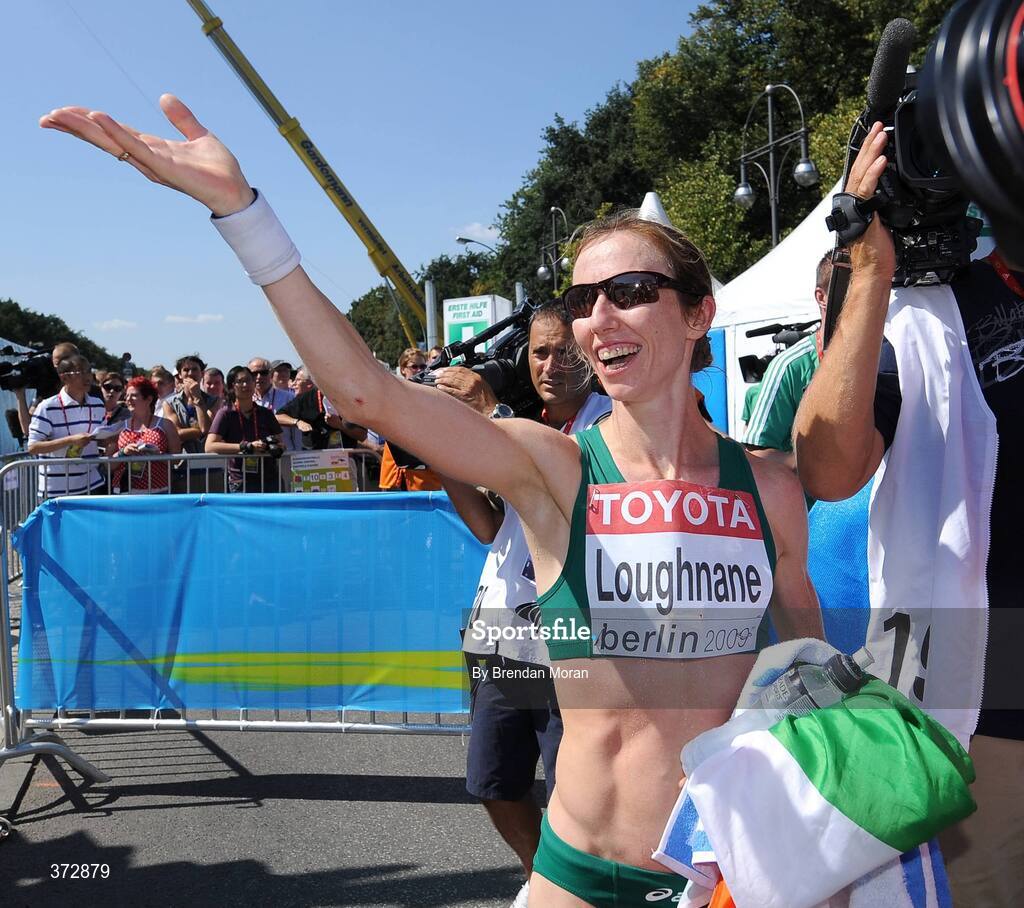 16 August 2009; Ireland's Olive Loughnane celebrates after finishing second in a season best time of 1:28.58 and winning a silver medal in the Women's 20K Walk Final.12th IAAF World Championships in Athletics, Berlin, Germany. Picture credit: Brendan Moran  / SPORTSFILE