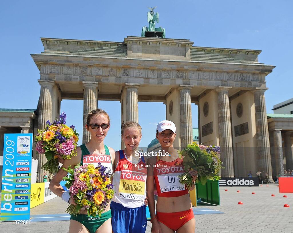 16 August 2009; Ireland's Olive Loughnane with winner Olga Kaniskina, centre, of Russia, and third placed Hong Liu, of China, after the Women's 20K Walk Final.12th IAAF World Championships in Athletics, Berlin, Germany. Picture credit: Brendan Moran  / SPORTSFILE