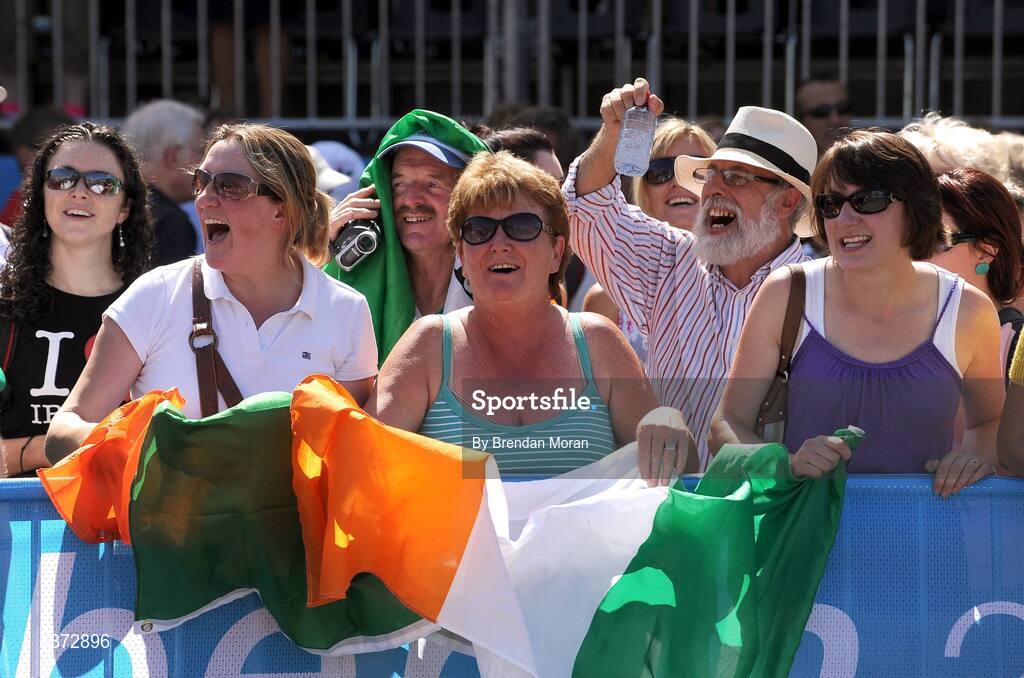 16 August 2009; Irish supporters cheer on Olive Loughnane on her way to finishing second and winning a silver medal in the Women's 20K Walk Final.12th IAAF World Championships in Athletics, Berlin, Germany. Picture credit: Brendan Moran  / SPORTSFILE