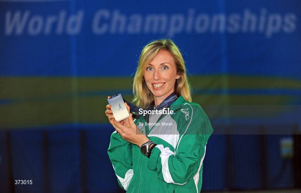 16 August 2009; Ireland's Olive Loughnane with the Silver Medal she won in the Women's 20K Walk Final. 12th IAAF World Championships in Athletics, Berlin, Germany. Picture credit: Brendan Moran / SPORTSFILE