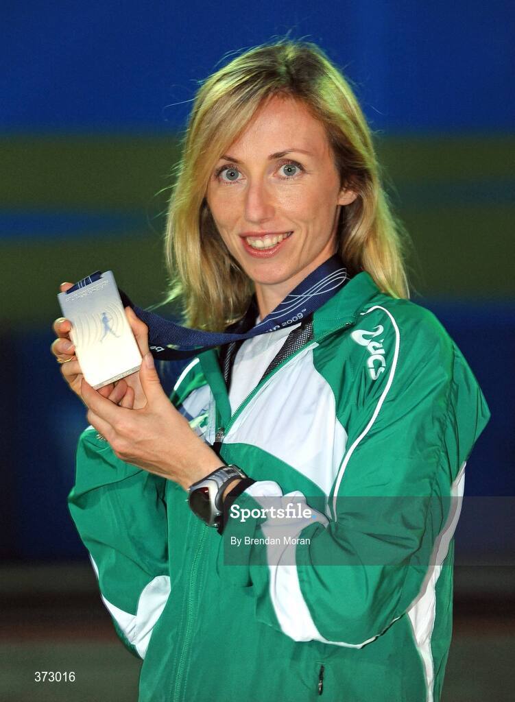 16 August 2009; Ireland's Olive Loughnane with the Silver Medal she won in the Women's 20K Walk Final. 12th IAAF World Championships in Athletics, Berlin, Germany. Picture credit: Brendan Moran  / SPORTSFILE