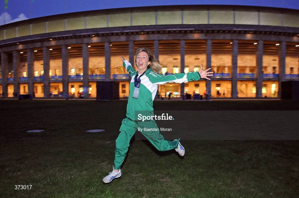 16 August 2009; Ireland's Olive Loughnane outside the Olympic Stadium with the Silver Medal she won in the Women's 20K Walk Final. 12th IAAF World Championships in Athletics, Berlin, Germany. Picture credit: Brendan Moran  / SPORTSFILE