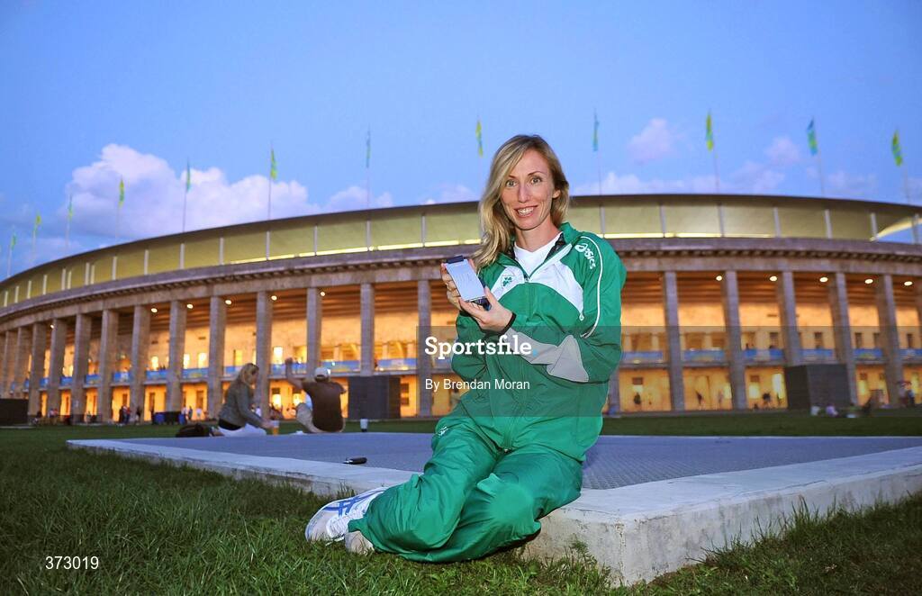 16 August 2009; Ireland's Olive Loughnane outside the Olympic Stadium with the Silver Medal she won in the Women's 20K Walk Final. 12th IAAF World Championships in Athletics, Berlin, Germany. Picture credit: Brendan Moran  / SPORTSFILE