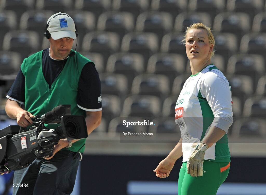 20 August 2009; Ireland's Eileen O'Keeffe checks the scoreboard after her second throw failed to leave the cage during qualifying for the Women's Hammer Final where she threw a mark of 63.20m but failed to make the final. 12th IAAF World Championships in Athletics, Olympic Stadium, Berlin, Germany. Picture credit: Brendan Moran / SPORTSFILE