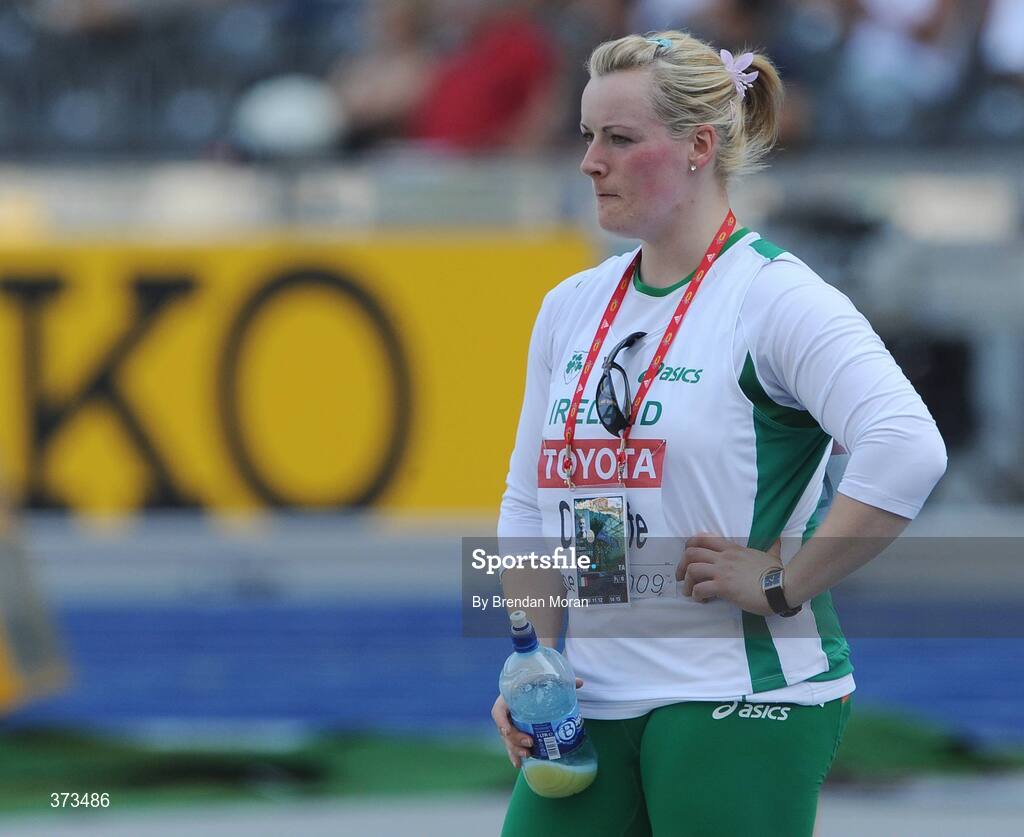 20 August 2009; Ireland's Eileen O'Keeffe after she was eliminated during qualifying for the Women's Hammer Final where she threw a mark of 63.20m with her only successful attempt but failed to make the final. 12th IAAF World Championships in Athletics, Olympic Stadium, Berlin, Germany. Picture credit: Brendan Moran / SPORTSFILE