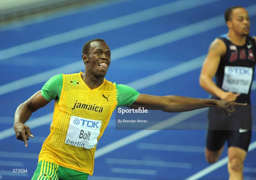 20 August 2009; Usain Bolt of Jamaica celebrates winning the Men's 200m Final in a World Record time of 19.19 seconds. 12th IAAF World Championships in Athletics, Olympic Stadium, Berlin, Germany. Picture credit: Brendan Moran / SPORTSFILE