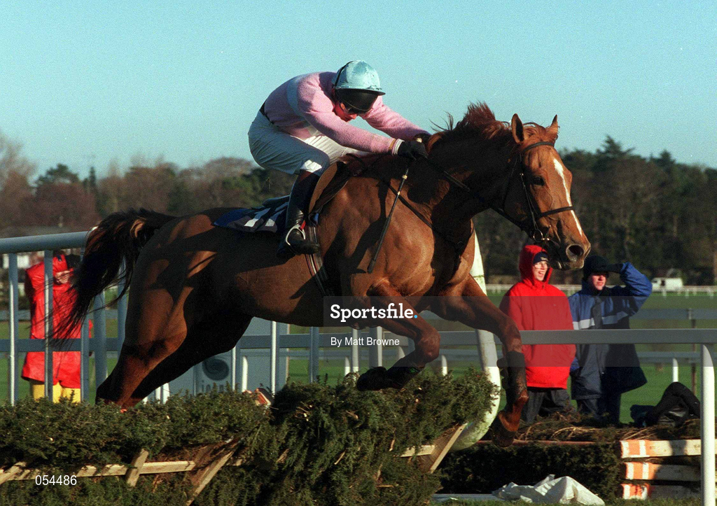 28 December 1999; Saxophone, with Tom Treacy up, jumps the last to win The William Neville and Sons Novice Steeplechase at Leopardstown Racecourse in Dublin. Photo by Matt Browne/Sportsfile
