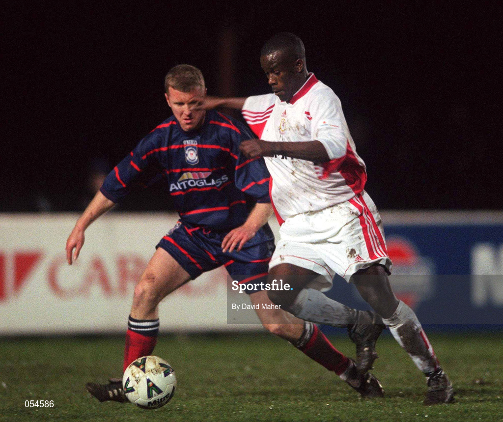 11 January 2000; Eric Lavine of Galway United in action against Barry Prendergast of St. Patrick's Athletic during the Harp Larger FAI Cup Second Round Replay match between St Patrick's Athletic and Galway United at Richmond Park in Dublin. Photo by David Maher/Sportsfile