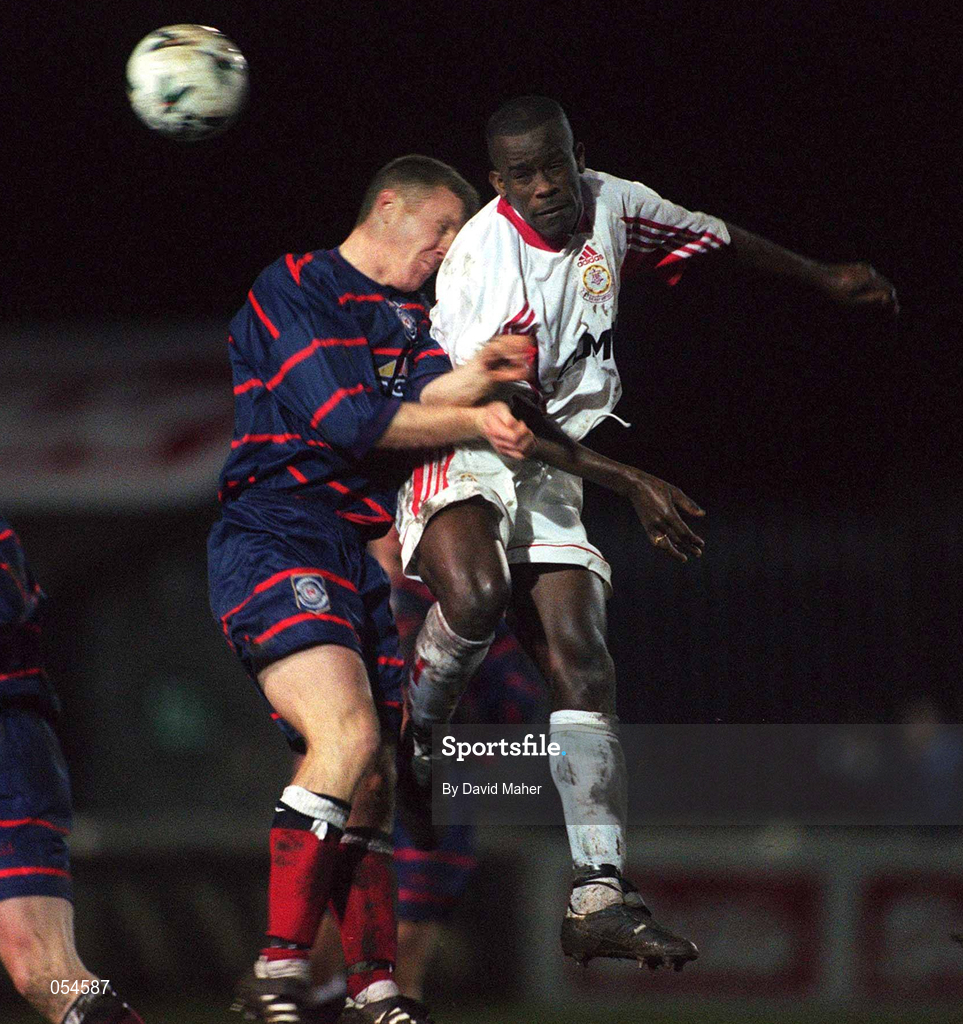 11 January 2000; Eric Lavine, Galway United, in action against Barry Prendergast, St. Patrick's Athletic during the Harp Larger FAI Cup Second Round Replay match between St Patrick's Athletic and Galway United at Richmond Park in Dublin. Photo by David Maher/Sportsfile