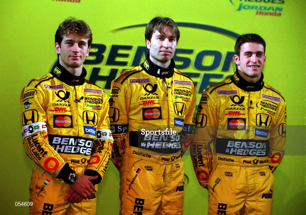 16 January 2000; Drivers Jarno Trulli, left, Heinz-Harald Frentzen, centre, and test driver Ricardo Zonta at the launch of Jordan Grand Prix's Honda powered EJ11 car at Silverstone Circuit in Towcester, England. Photo by Damien Eagers/Sportsfile
