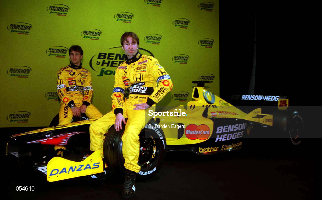 16 January 2000; Drivers Jarno Trulli, left, and Heinz-Harald Frentzen at the launch of Jordan Grand Prix's Honda powered EJ11 car at Silverstone Circuit in Towcester, England. Photo by Damien Eagers/Sportsfile
