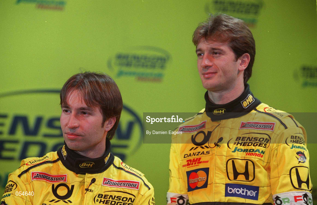 16 January 2000; Drivers Jarno Trulli, left, and Heinz-Harold Frentzen at the launch of Jordan Grand Prix's Honda powered EJ11 car at Silverstone Circuit in Towcester, England. Photo by Damien Eagers/Sportsfile