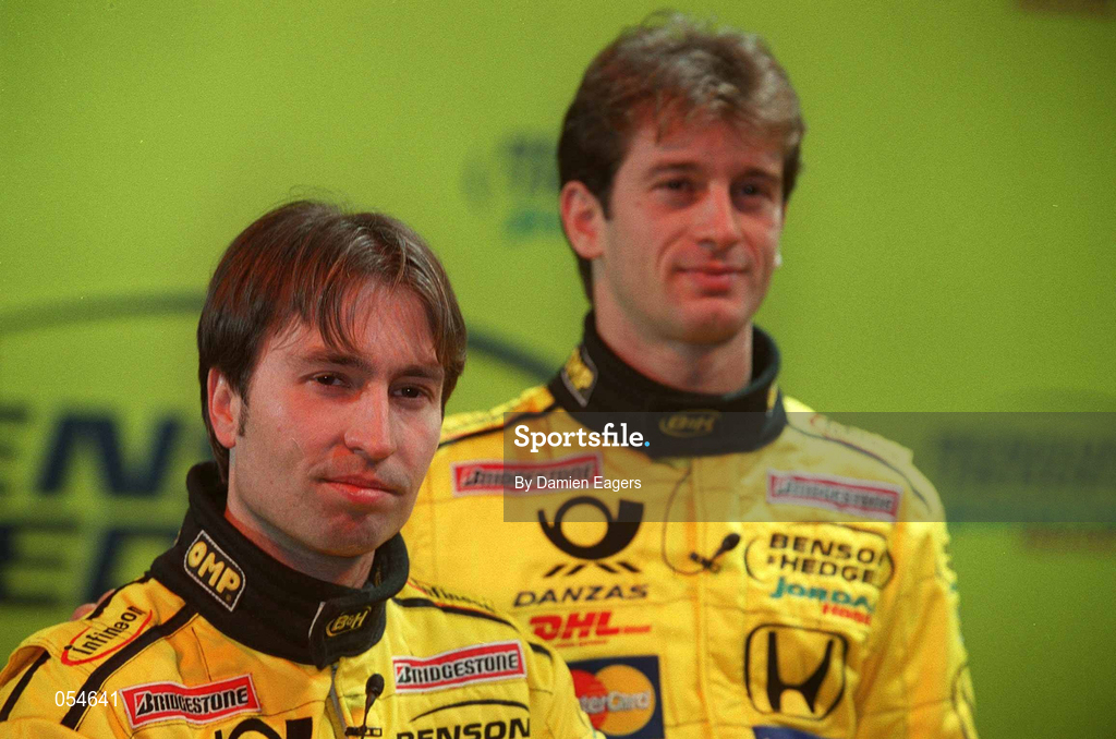 16 January 2000; Drivers Jarno Trulli, left, and Heinz-Harold Frentzen at the launch of Jordan Grand Prix's Honda powered EJ11 car at Silverstone Circuit in Towcester, England. Photo by Damien Eagers/Sportsfile