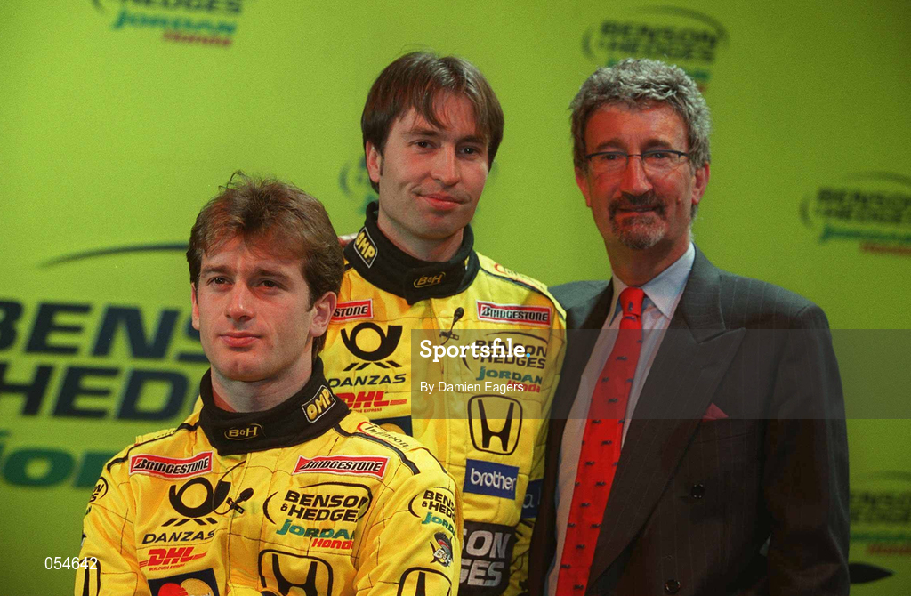 16 January 2000; Drivers Jarno Trulli, left, and Heinz-Harold Frentzen, with Eddie Jordan, Chief Executive, Jordan Grand Prix, at the launch of Jordan Grand Prix's Honda powered EJ11 car at Silverstone Circuit in Towcester, England. Photo by Damien Eagers/Sportsfile