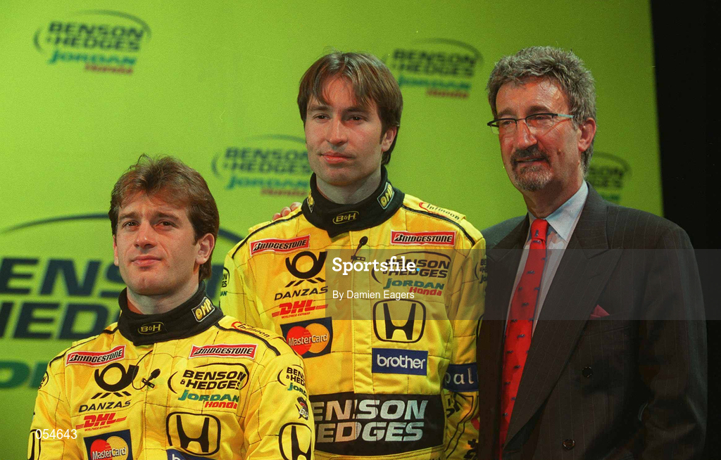 16 January 2000; Drivers Jarno Trulli, left, and Heinz-Harold Frentzen, with Eddie Jordan, Chief Executive, Jordan Grand Prix, at the launch of Jordan Grand Prix's Honda powered EJ11 car at Silverstone Circuit in Towcester, England. Photo by Damien Eagers/Sportsfile