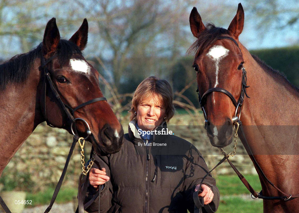 18 January 2000; Jessica Harrington with No Mercy, left, and Moscow Express at her Stud Farm in Moone, Co. Kildare. Photo by Matt Browne/Sportsfile