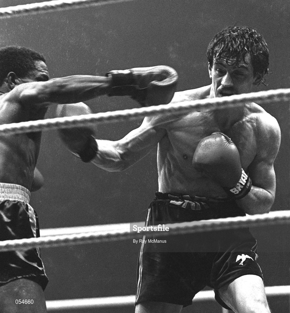 15 February 1986; Barry McGuigan, right, in action against Danilo Cabrera during their WBA World Featherweight Title Fight at the RDS in Dublin. Photo by Ray McManus/Sportsfile