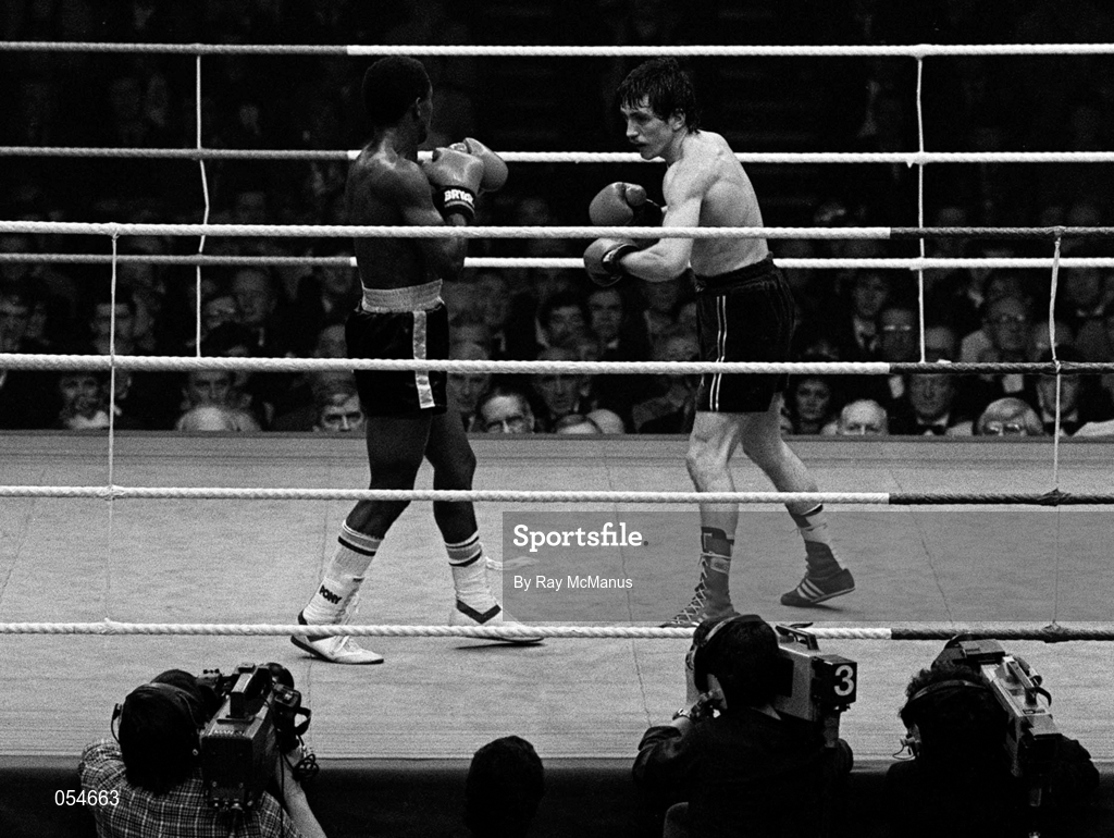 15 February 1986; Barry McGuigan, right, in action against Danilo Cabrera during their WBA World Featherweight Title Fight at the RDS in Dublin. Photo by Ray McManus/Sportsfile