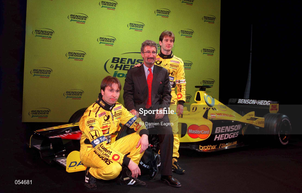 16 January 2000; Eddie Jordan, Chief Executive, Jordan Grand Prix, with drivers Heinz-Harold Frentzen, left, and Jarno Trulli at the launch of Jordan Grand Prix's Honda powered EJ11 car at Silverstone Circuit in Towcester, England. Photo by Damien Eagers/Sportsfile