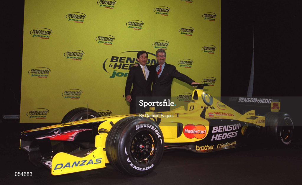 16 January 2000; Takefumi Hosaka, Managing Director, Honda, and Eddie Jordan, Chief Executive, Jordan Grand Prix, at the launch of Jordan Grand Prix's Honda powered EJ11 car at Silverstone Circuit in Towcester, England. Photo by Damien Eagers/Sportsfile